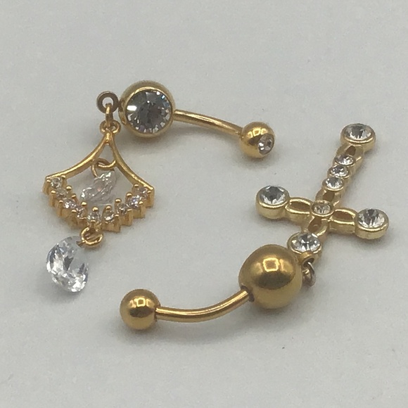 Goldtone Belly Button Rings Dangle with Cubic Zirconia - Picture 4 of 7